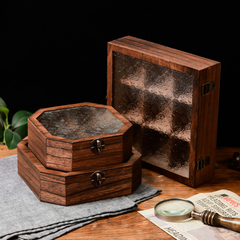 Token Tray Organizer - Wooden Storage Box, Embossed Glass Lid