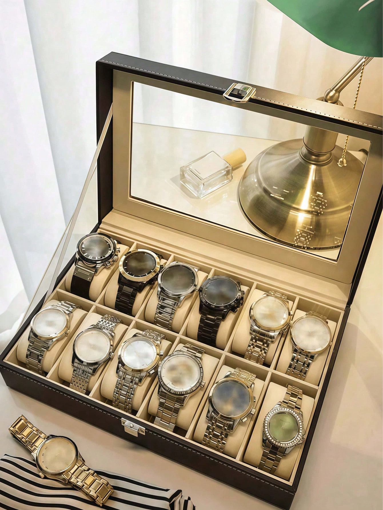 Leather Watch Box with Lock, L - Token Tray Organizer 评论和价格